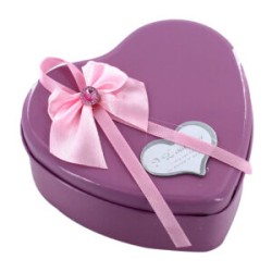 Estuche chico metálico en forma de corazón con moño, oso y 3 rosas artificiales, variedad de colores / i love you / our wedding 