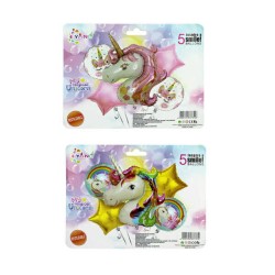 Paquete con 5 globos metálicos yang diseño de unicornio, variedad de diseños / hw-373-2 / hw-373-1