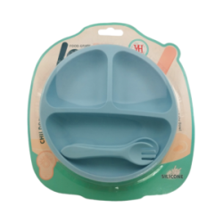 Set plato redondo entrenador de silicona con 3 divisiones + 2 cubiertos para bebé, variedad de colores / childrens tableware