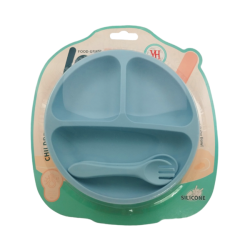 Set plato redondo entrenador de silicona con 3 divisiones + 2 cubiertos para bebé, variedad de colores / childrens tableware