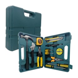 Kit estuche de herramienta con desarmadores, pinzas, martillo, flexometro, cinta negra y cutter / ju5630