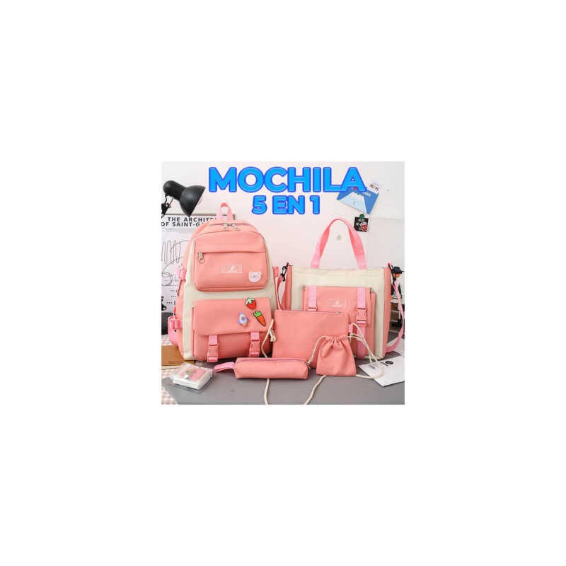 Kit 5 en 1 de mochila grande, bolsa de mano con asa, bolsa mediana, mini bolsa y colorera kawaii, variedad de colores