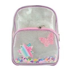 Mochila mediana con 2 compartimentos de plástico transparente con diamantina, confeti metálico y figuras cosidas / a-500 / a408
