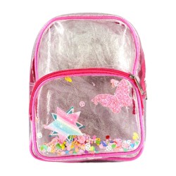 Mochila mediana con 2 compartimentos de plástico transparente con diamantina, confeti metálico y figuras cosidas / a-500 / a408
