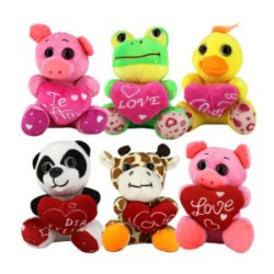 1pza Peluche pequeño de 15cm en forma de cerdito, pato, rana, jirafa o panda con corazón y frase / love / dia feliz / te amo