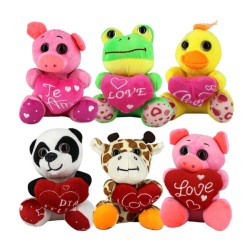 1pza Peluche pequeño de 15cm en forma de cerdito, pato, rana, jirafa o panda con corazón y frase / love / dia feliz / te amo