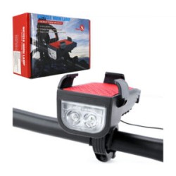 Lámpara led frontal multifuncional con claxon y soporte para teléfono celular, ajustable a manubrio de bicicleta / bicycle horn 