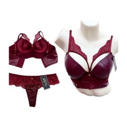 Conjunto de lencería de 2 piezas, brasier con efecto push up, tela de piel sintética y encaje + bragas de piel sintética y encaj