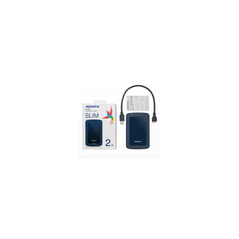 Unidad de disco duro externo 2.5 hdd adata color azul versión slim hv300 con puerto usb 3.2 y capacidad de 2tb