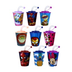 Vaso de plástico con popote 400ml, variedad de personajes h2-v24